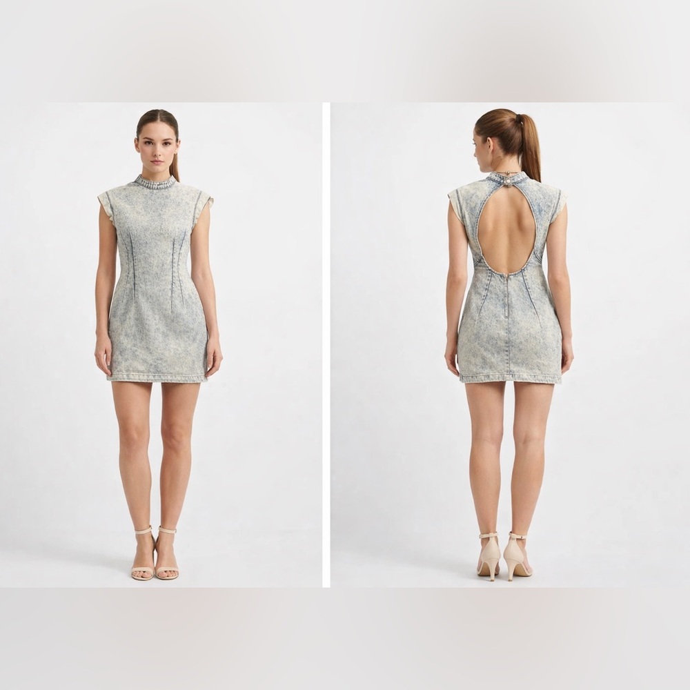 Bon Jour Vintage 80s 90s Acid Washed Cotton Denim Mock Neck Dress Sz.‎ 5/6
